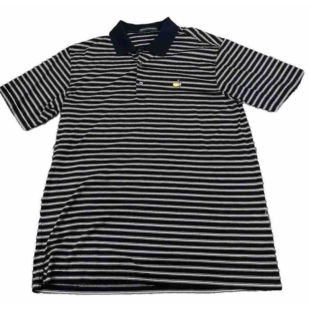 Augusta National Polo Shirt Mens Lg Navy Blue Striped Masters Logo Short Sleeve